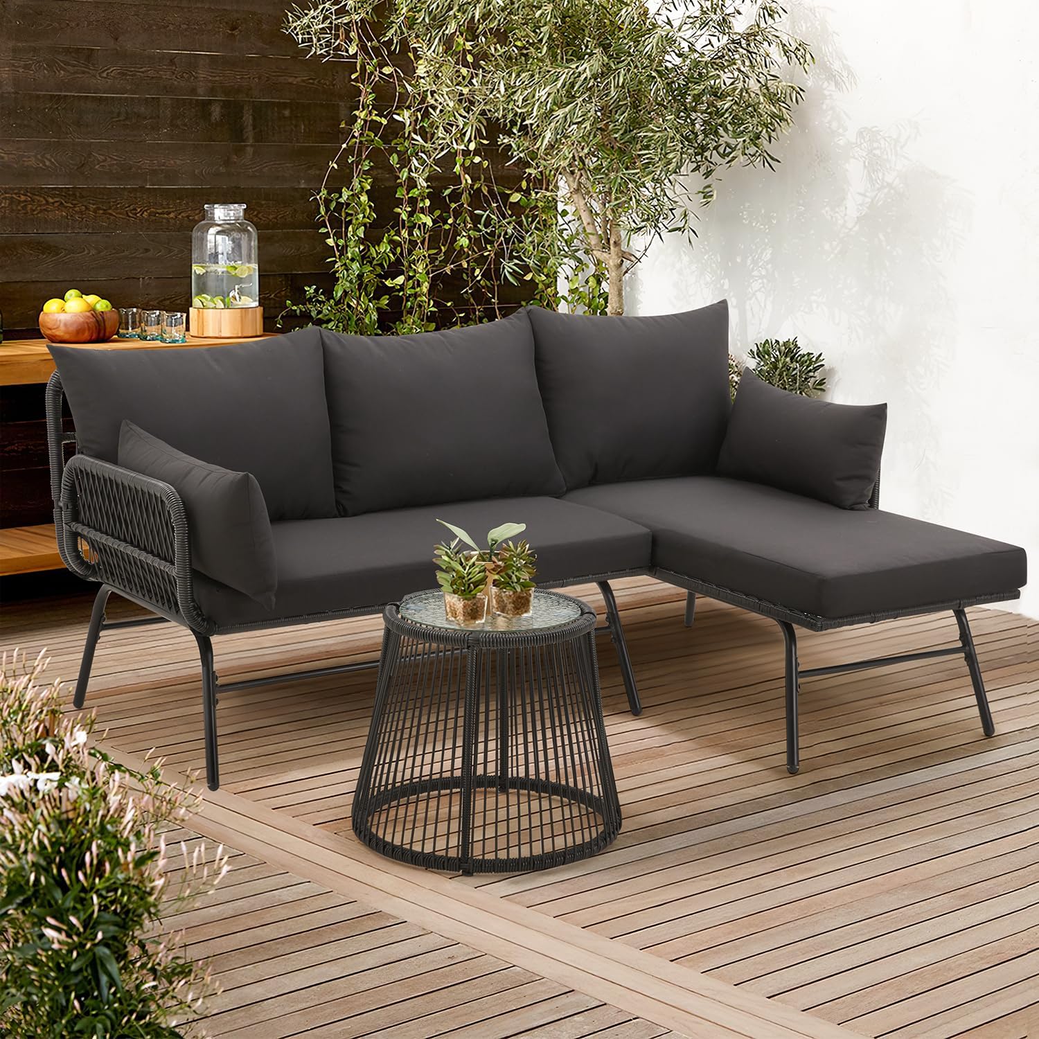 Outdoor Furniture Rattan - ชุดเฟอร์นิเจอร์หวายกลางแจ้ง 3 ชิ้น สีดำ | โซฟาหวายรูปตัว