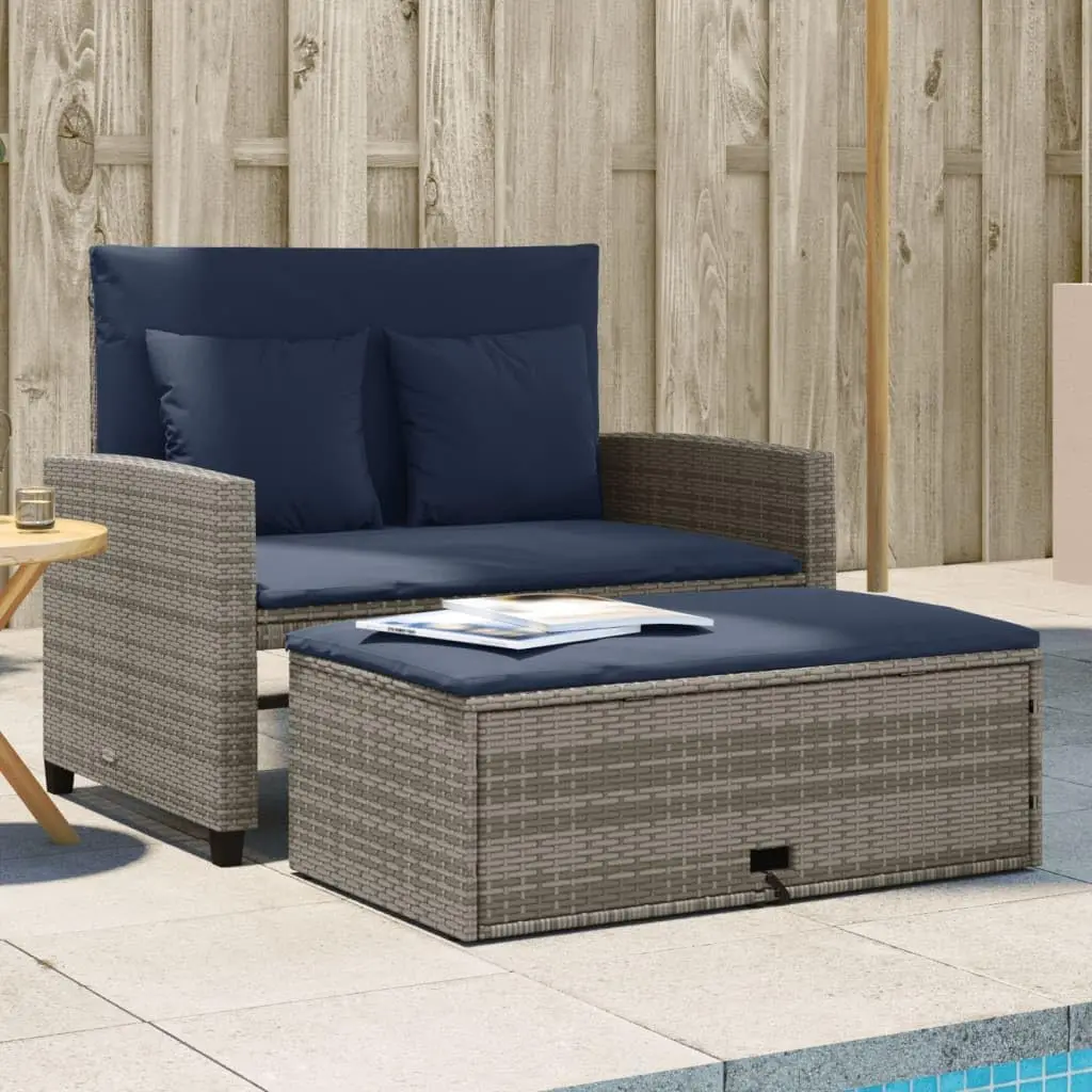 Outdoor Furniture Rattan - โซฟาสวนแบบปรับเปลี่ยนได้สีเทาและน้ำเงินกรมท่า ทำจากหวาย PE พร้อมโครงเหล็กเคลือบผง สำหรับ 2