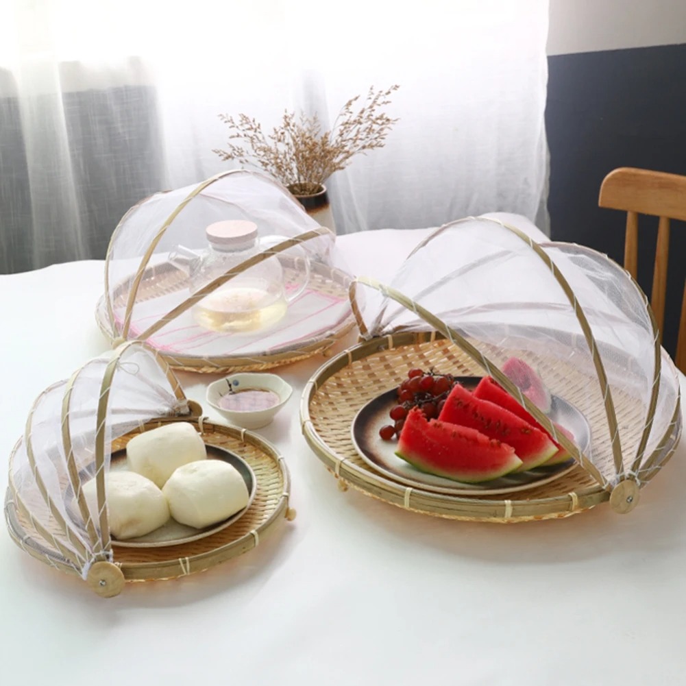 Outdoor Furniture Rattan - ตะกร้าทอไม้ไผ่ Anti-Mosquito Net ตะกร้าผักผลไม้ Dustpan เต็นท์ตะกร้าถาดแบบพกพาปิกนิกกลางแจ้งตาข่ายสุทธิฝาครอบ