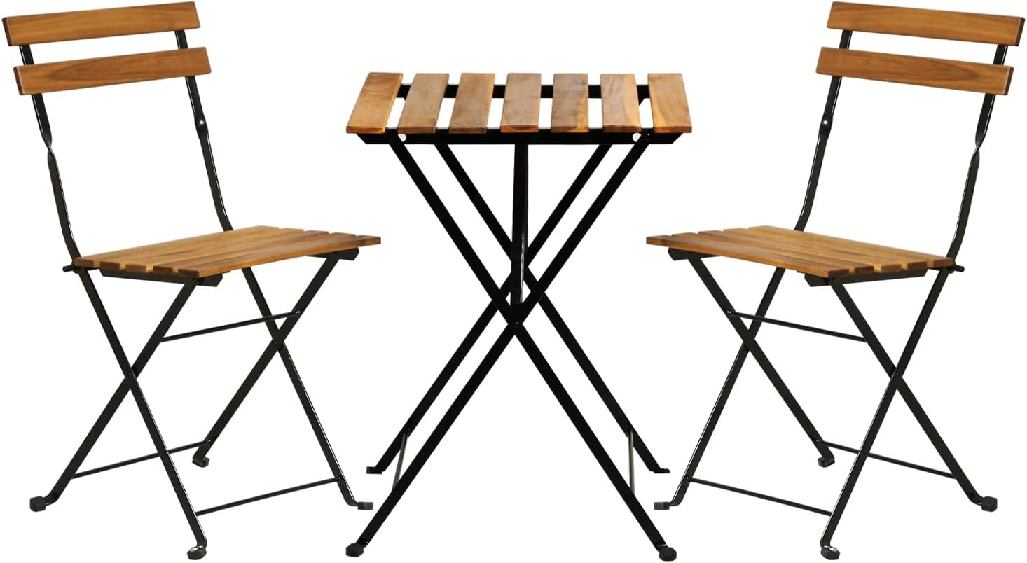 Outdoor Furniture Table And Chairs - ชุดโต๊ะบิสโทรพับได้ 3 ชิ้น ทำจากไม้ธรรมชาติ ประกอบด้วยโต๊ะ 1