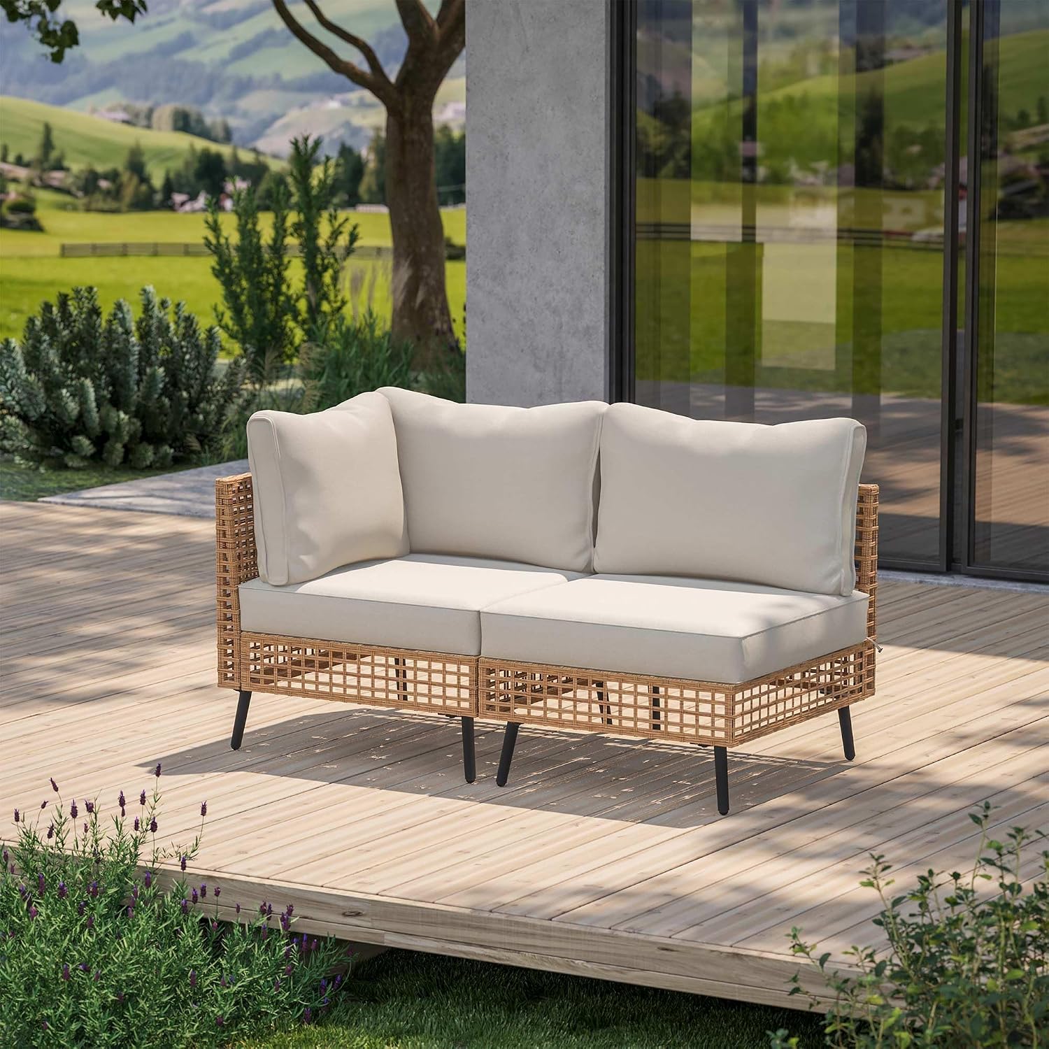 Outdoor Furniture Rattan - ชุดเฟอร์นิเจอร์ระเบียงกลางแจ้งทำจากหวาย PE 2 ชิ้น โซฟาแบบแยกส่วนทนทุกสภาพอากาศ พร้อมเบาะหนานุ่ม