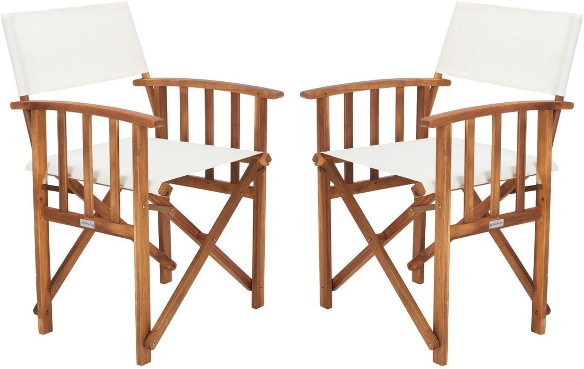 Outdoor Furniture Table And Chairs - เก้าอี้ผู้กำกับแบบพับได้ทรงสูง ชุด 2 ตัว โครงไม้ธรรมชาติ ผ้าใบสีเบจ
